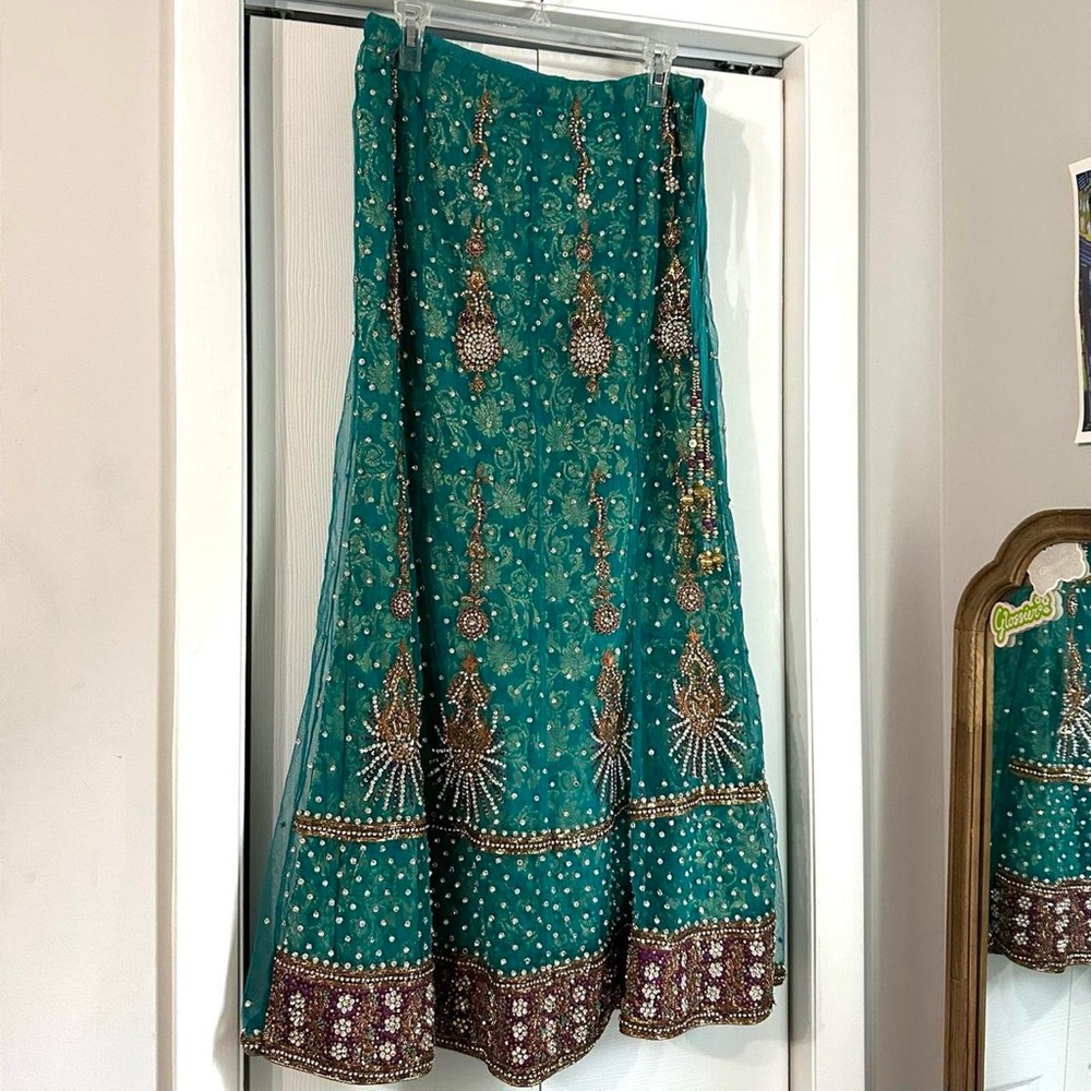 Beautiful Indian Teal and Purple Saree Skirt with Beads and Sequins